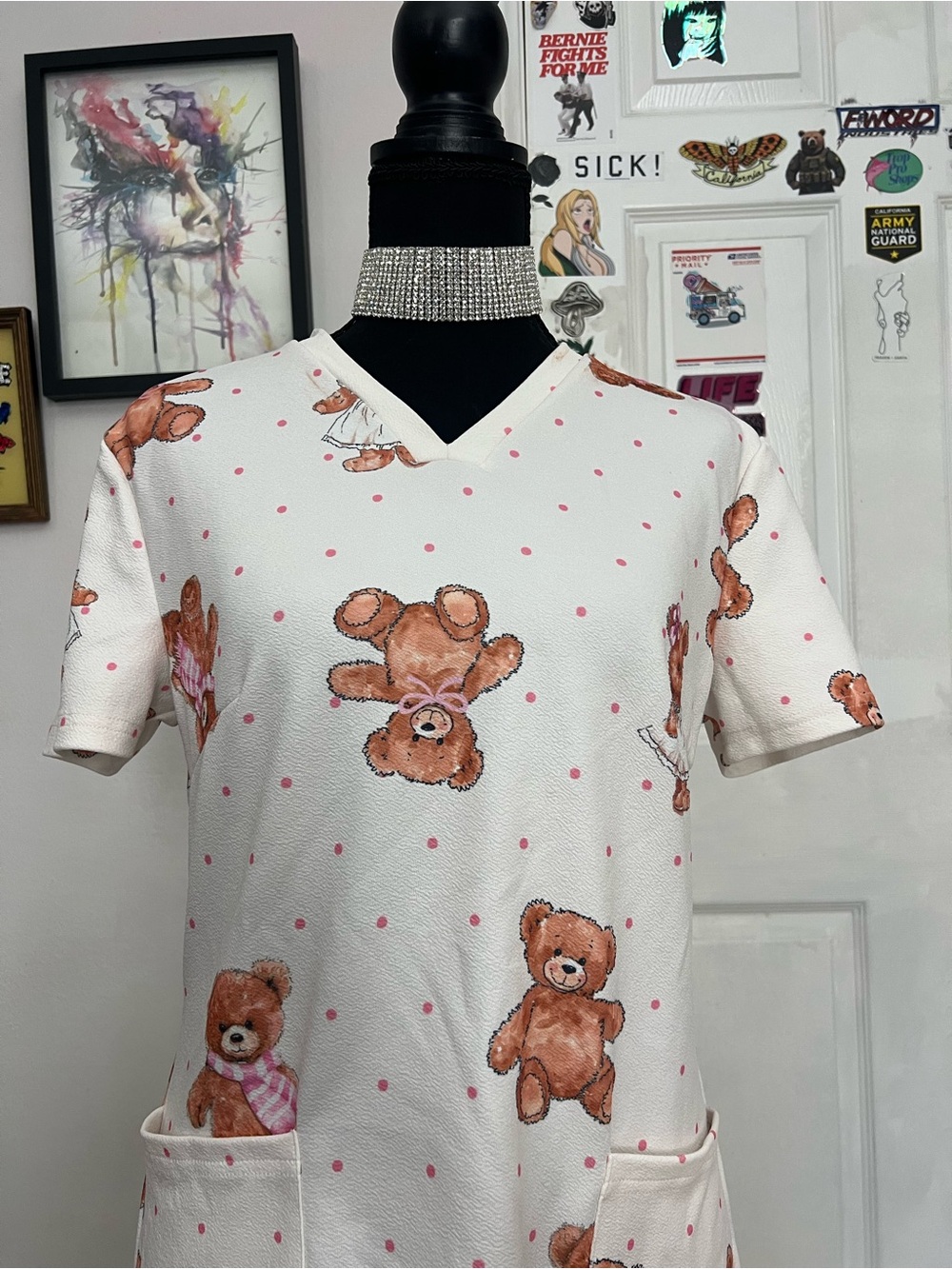 White Teddy Bear Scrubs Top with Pink Polka Dots